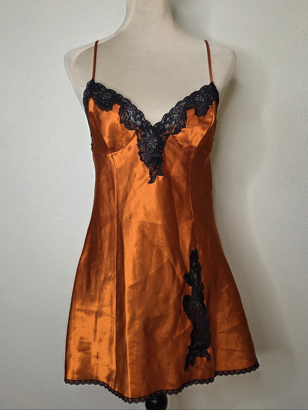 Frederick’s of Hollywood Burnt Orange Copper Satin Lace Slip Dress M Coquette